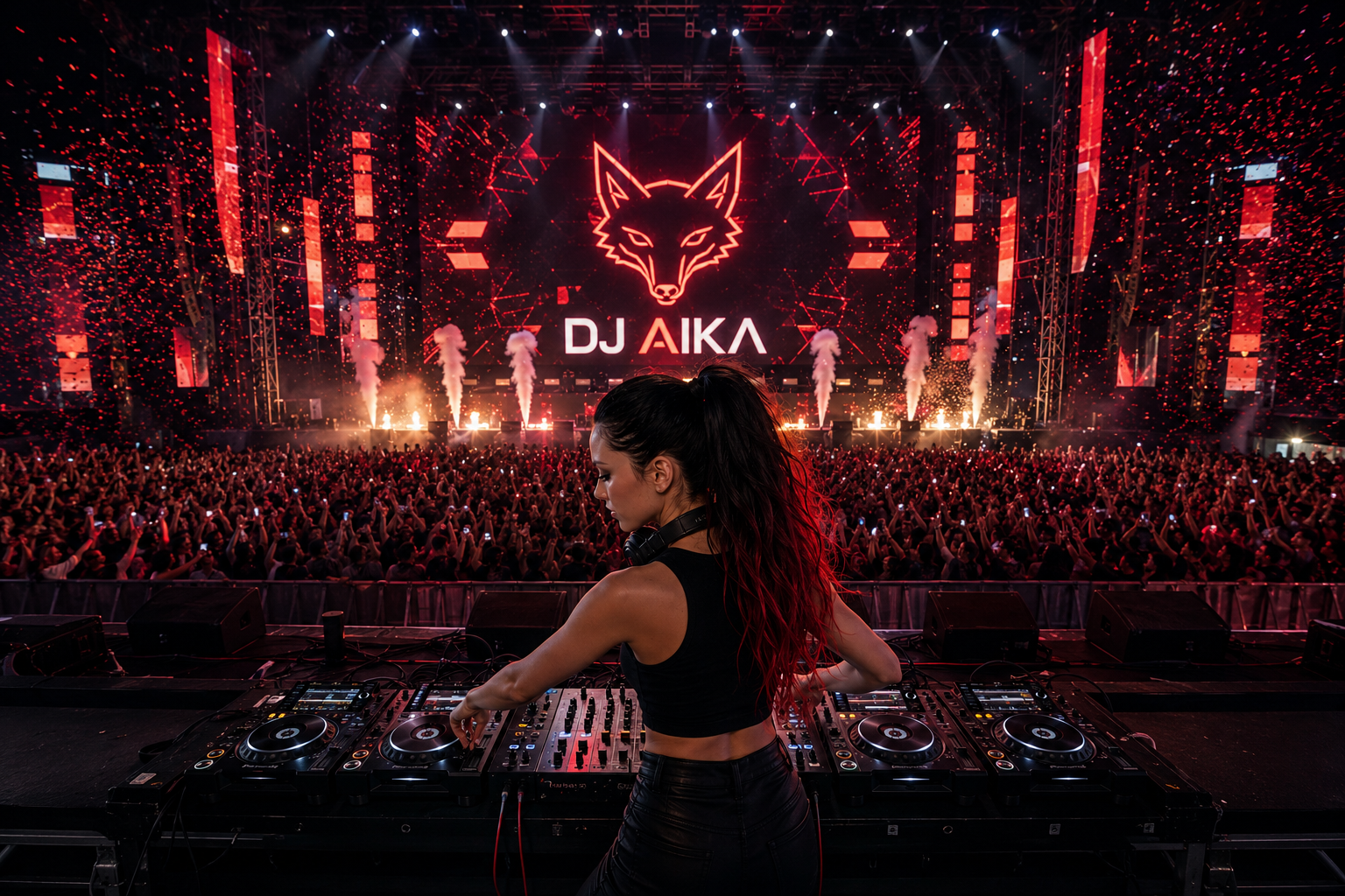 DJ AIKA performing at a red cyberpunk festival